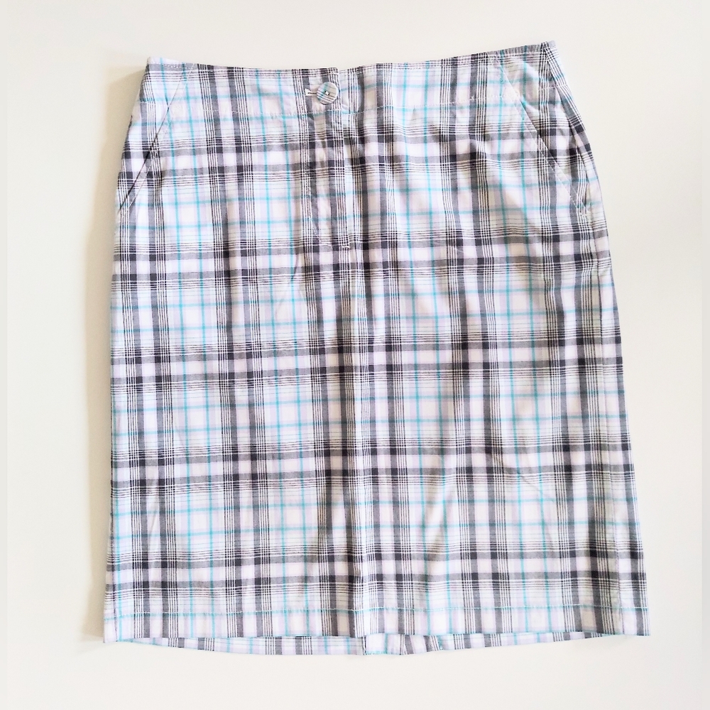 Talbots Plaid Stretch Pencil Skirt Blue Gray White Size 6